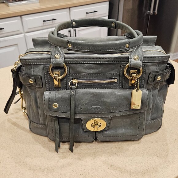 VINTAGE COACH GRAY HAMPTONS LINDSAY LEATHER KISSLOCK SATCHEL SHOULDER BAG PURSE - Picture 1 of 16